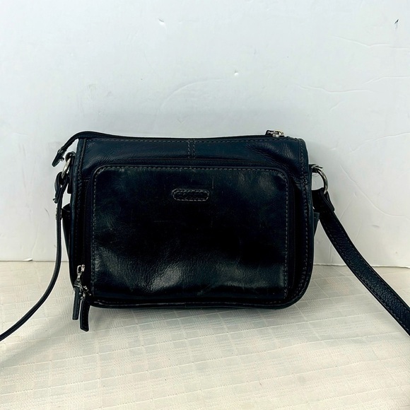 Vintage FOSSIL Black Leather Bag Rectangle Three-Compartment Purse Handbag - Picture 1 of 10